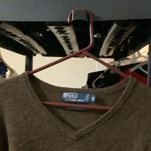 Polo by Ralph Lauren Men's V-Neck‎ LAMBSWOOL Sweater in Rich Brown, XL